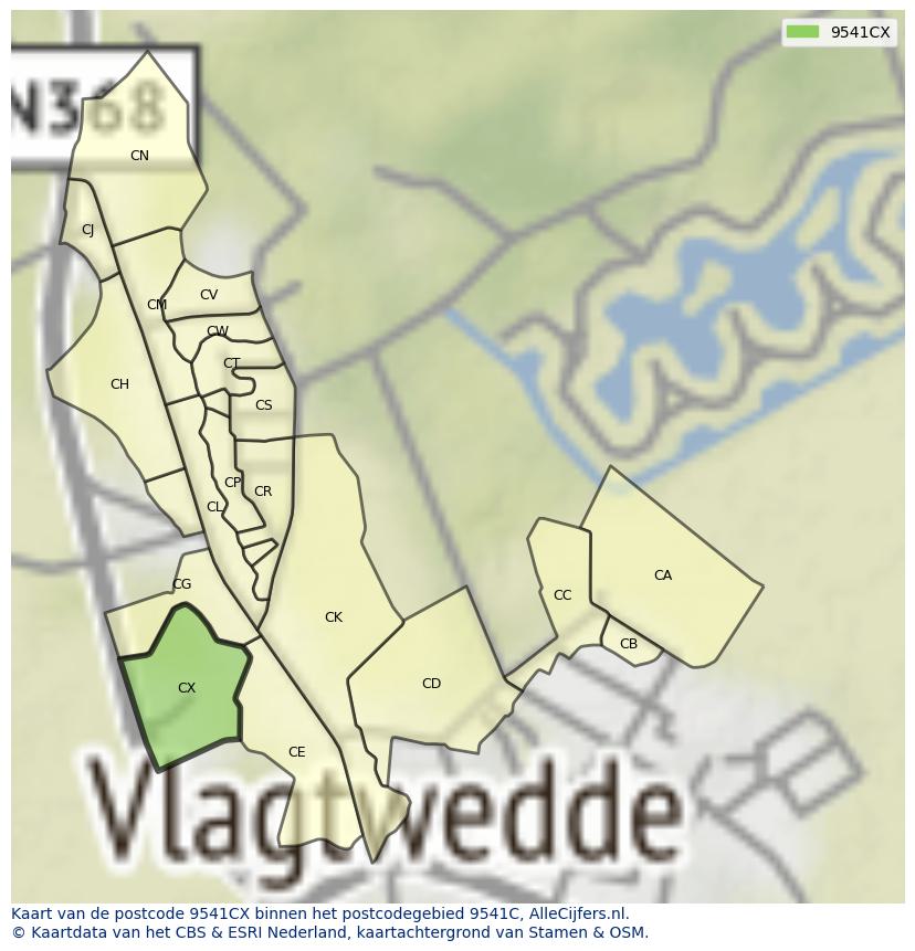 Afbeelding van het postcodegebied 9541 CX op de kaart.