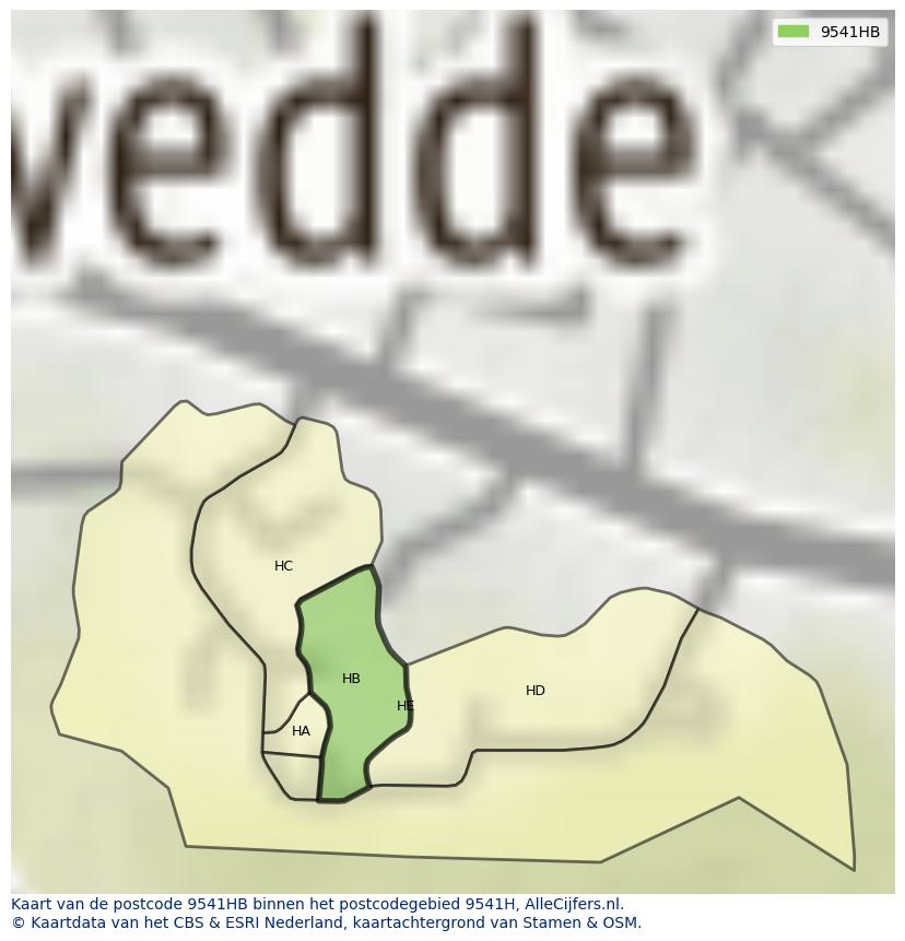 Afbeelding van het postcodegebied 9541 HB op de kaart.