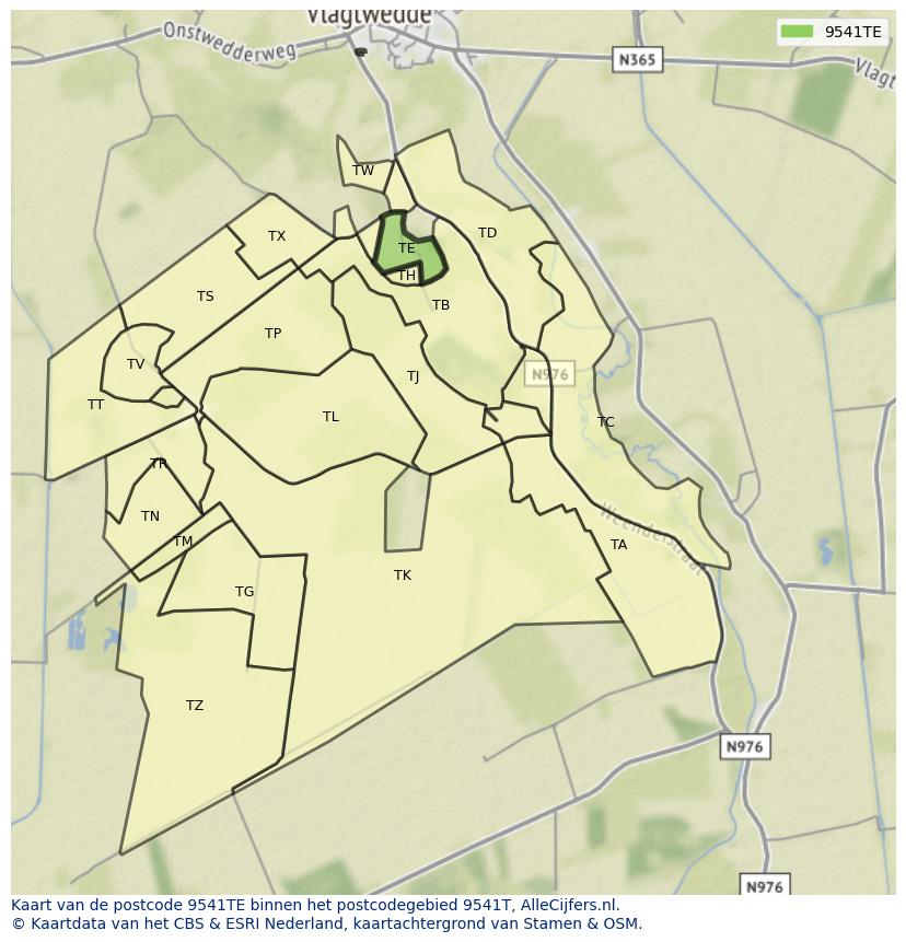 Afbeelding van het postcodegebied 9541 TE op de kaart.