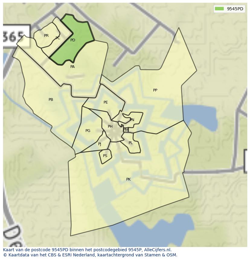 Afbeelding van het postcodegebied 9545 PD op de kaart.