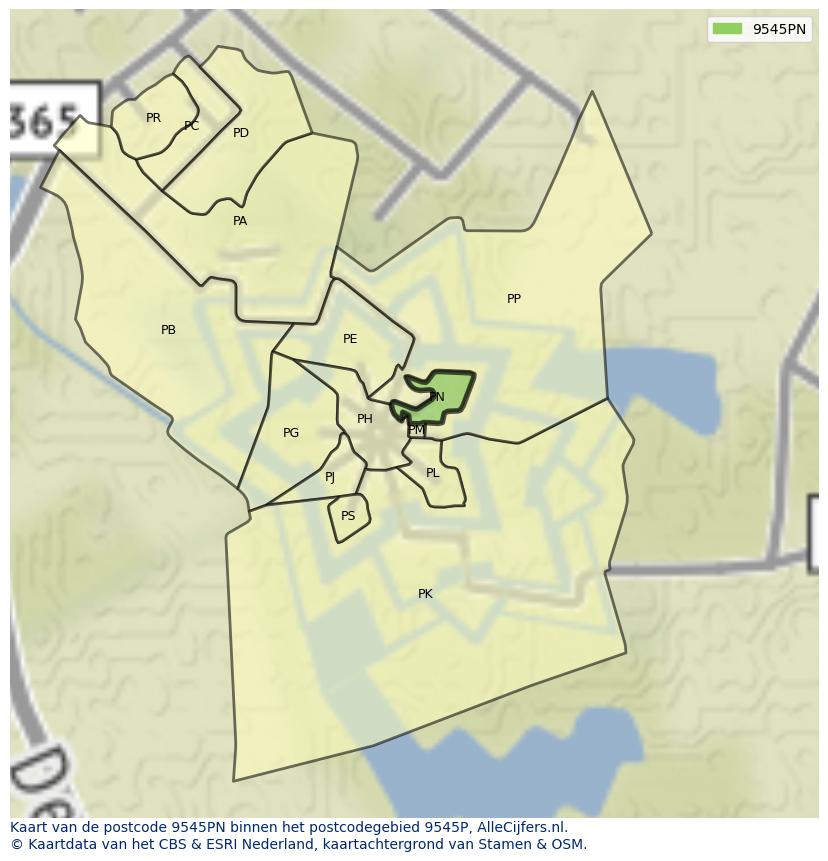 Afbeelding van het postcodegebied 9545 PN op de kaart.