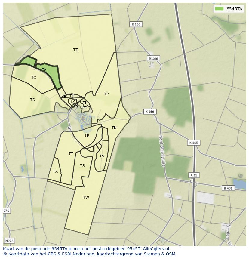Afbeelding van het postcodegebied 9545 TA op de kaart.