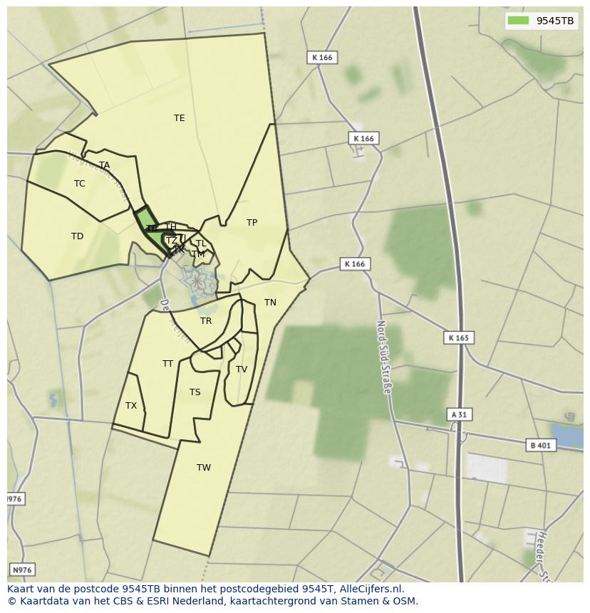 Afbeelding van het postcodegebied 9545 TB op de kaart.