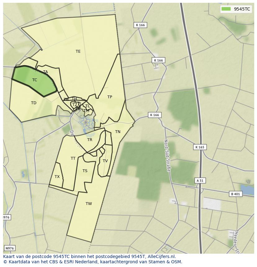 Afbeelding van het postcodegebied 9545 TC op de kaart.