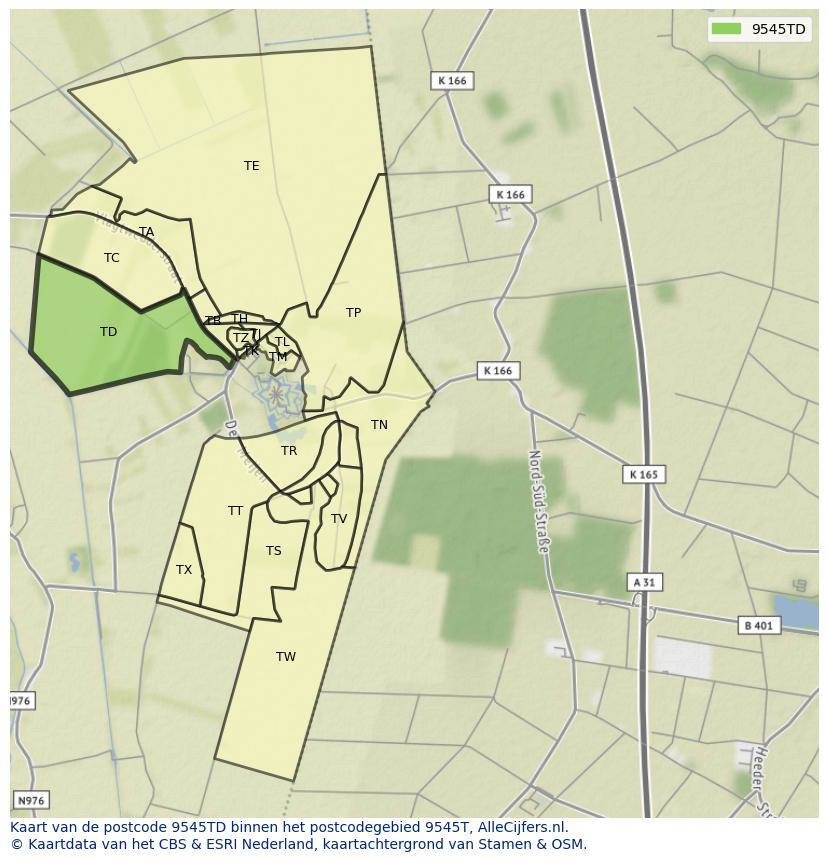 Afbeelding van het postcodegebied 9545 TD op de kaart.