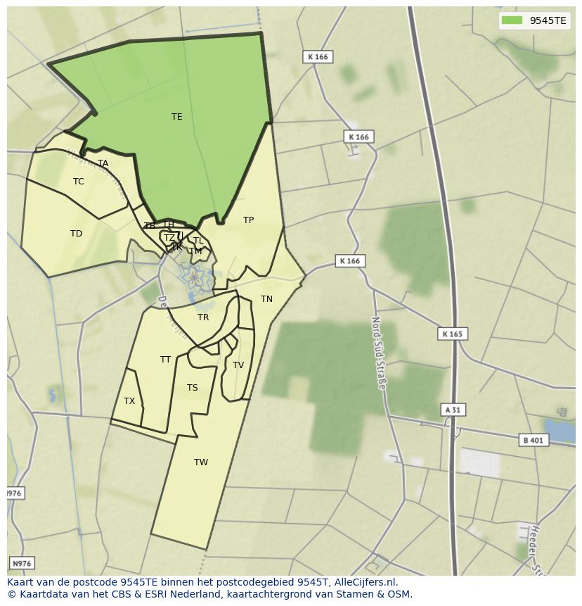 Afbeelding van het postcodegebied 9545 TE op de kaart.
