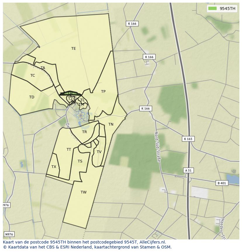 Afbeelding van het postcodegebied 9545 TH op de kaart.