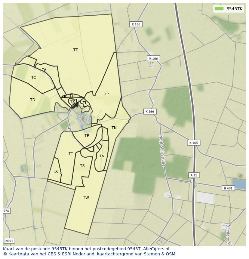Afbeelding van het postcodegebied 9545 TK op de kaart.