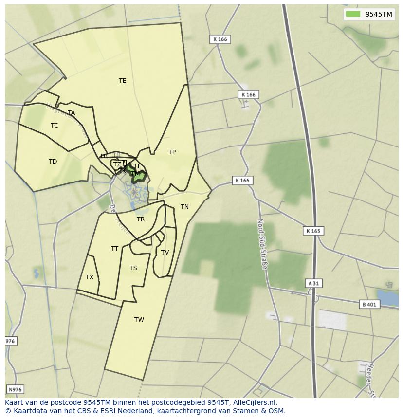 Afbeelding van het postcodegebied 9545 TM op de kaart.