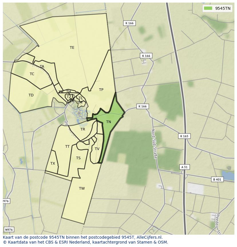Afbeelding van het postcodegebied 9545 TN op de kaart.