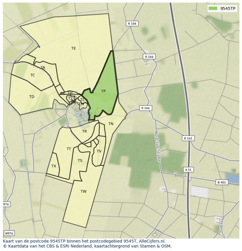 Afbeelding van het postcodegebied 9545 TP op de kaart.