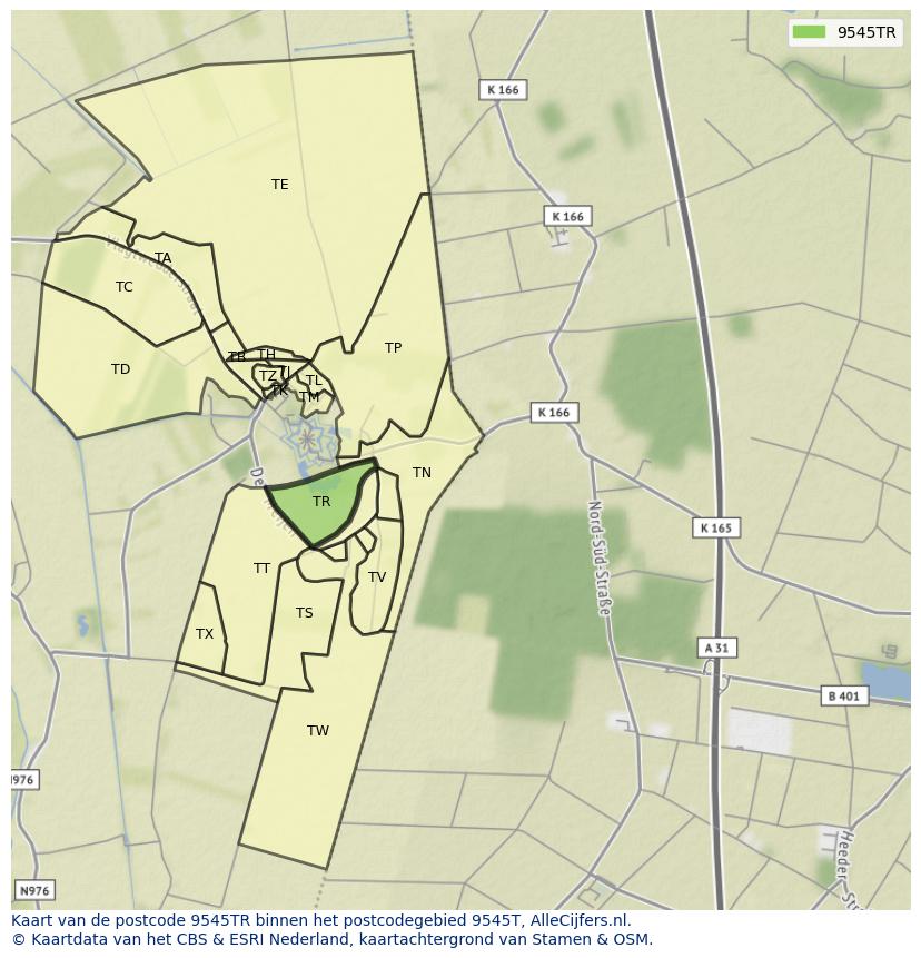 Afbeelding van het postcodegebied 9545 TR op de kaart.