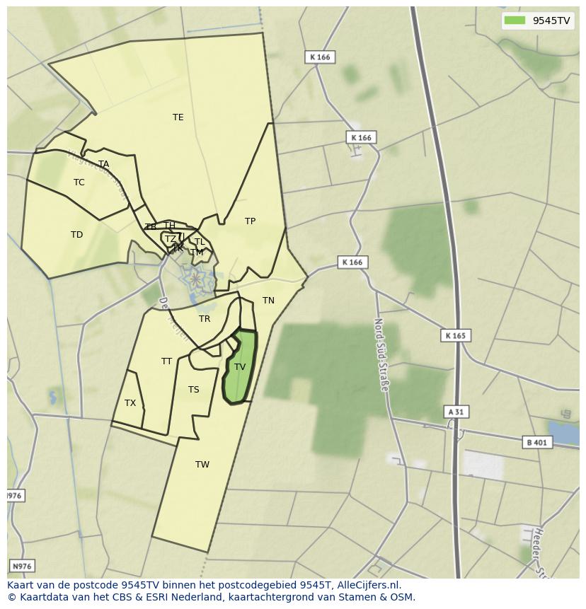 Afbeelding van het postcodegebied 9545 TV op de kaart.