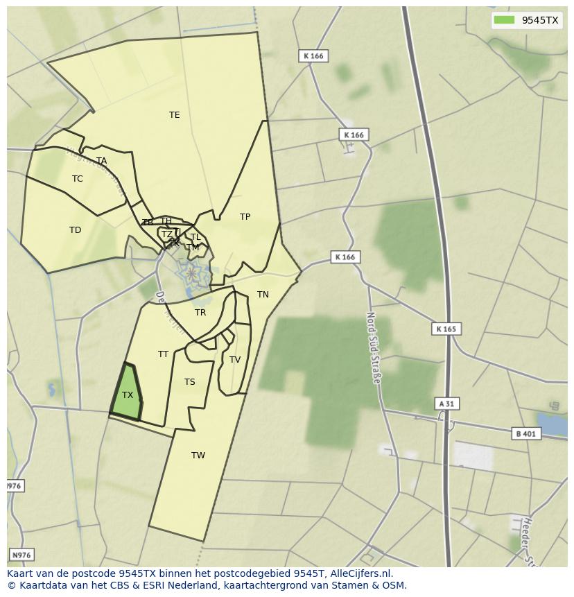 Afbeelding van het postcodegebied 9545 TX op de kaart.