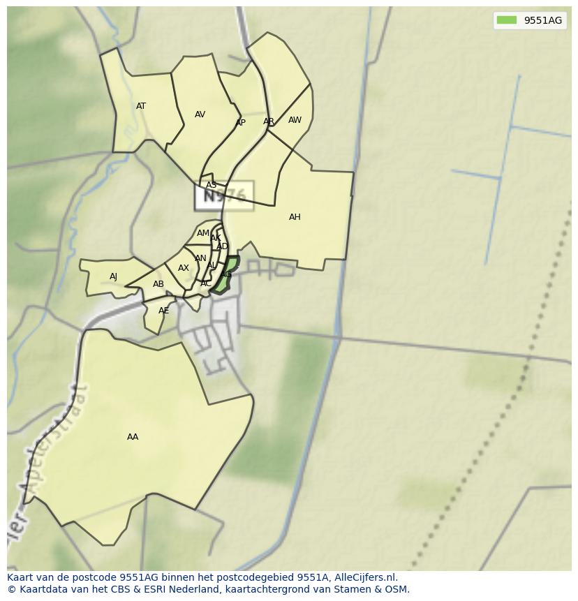 Afbeelding van het postcodegebied 9551 AG op de kaart.