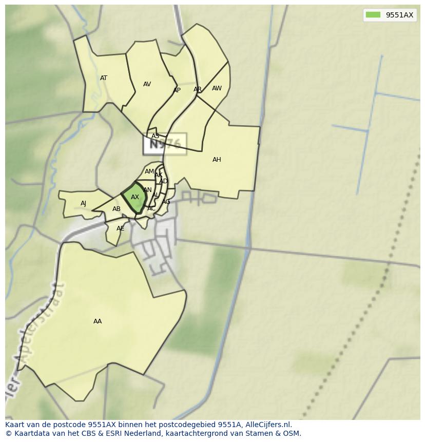 Afbeelding van het postcodegebied 9551 AX op de kaart.