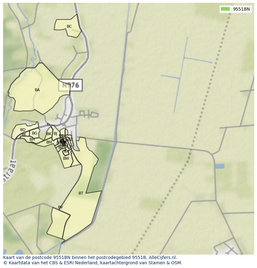 Afbeelding van het postcodegebied 9551 BN op de kaart.