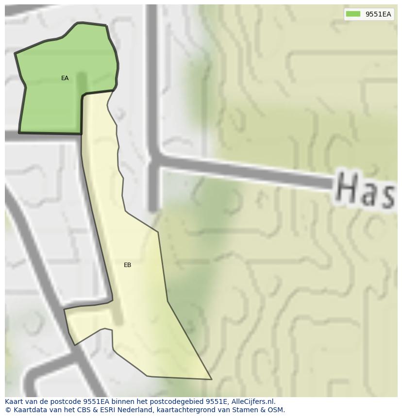 Afbeelding van het postcodegebied 9551 EA op de kaart.