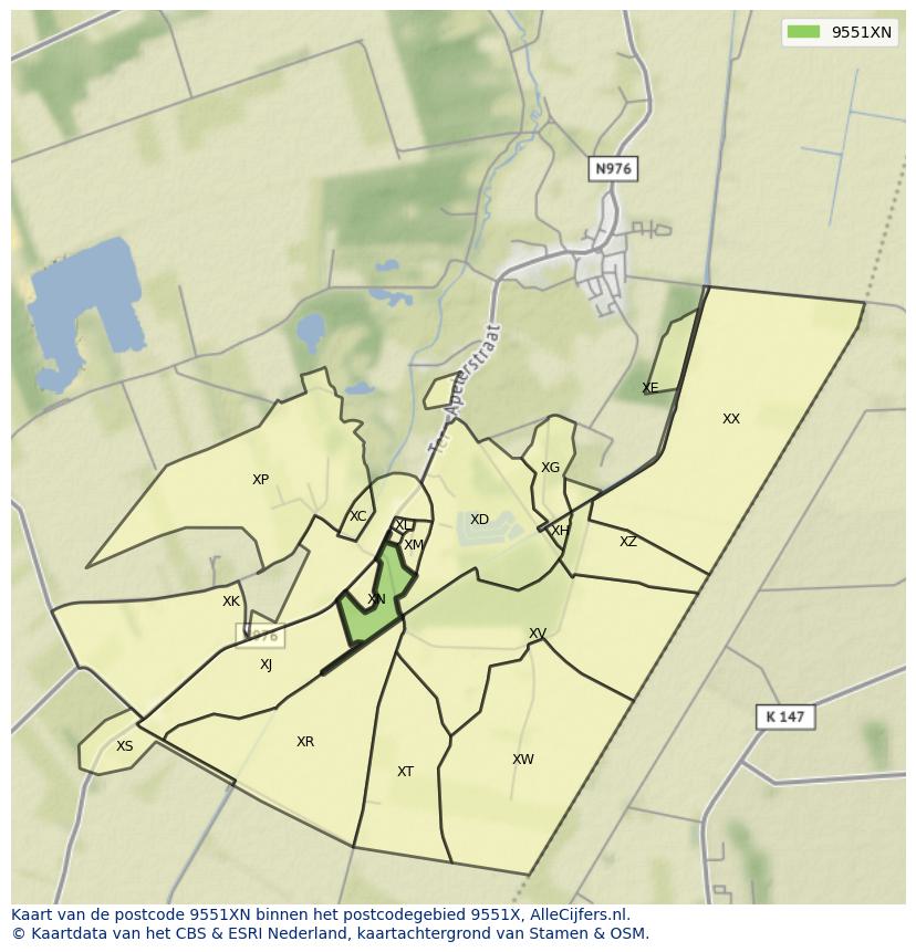 Afbeelding van het postcodegebied 9551 XN op de kaart.