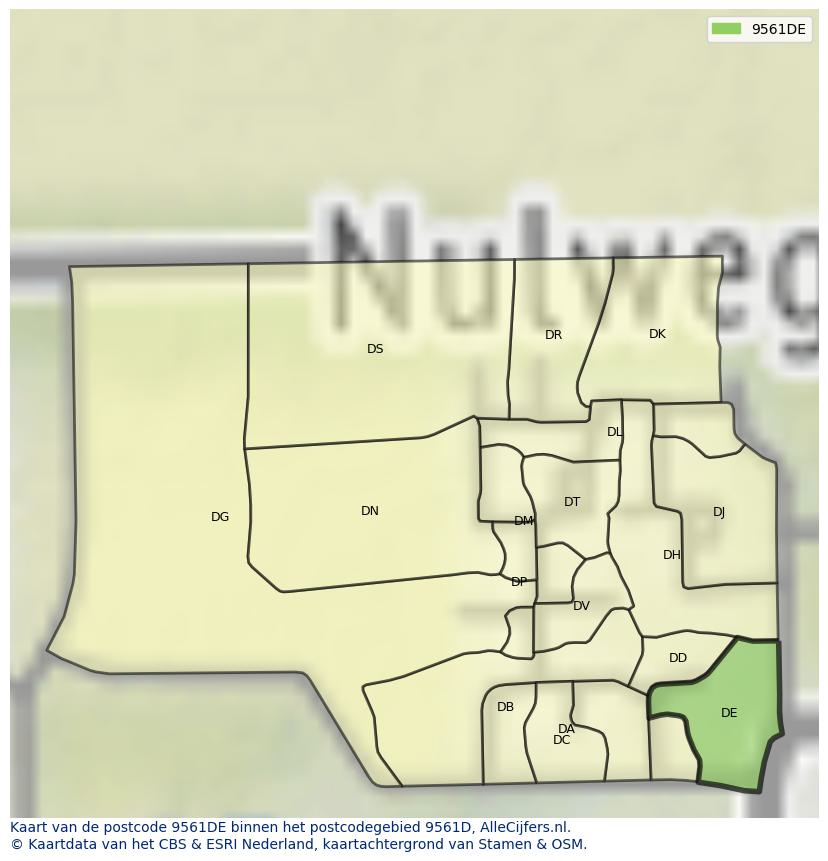 Afbeelding van het postcodegebied 9561 DE op de kaart.