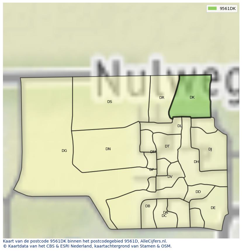 Afbeelding van het postcodegebied 9561 DK op de kaart.