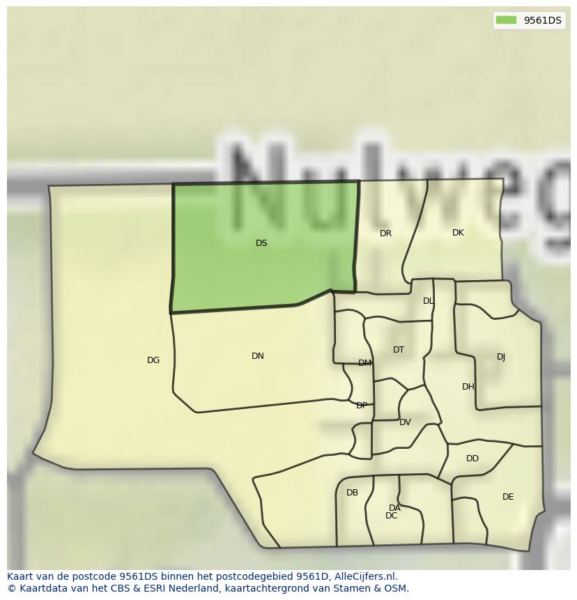 Afbeelding van het postcodegebied 9561 DS op de kaart.