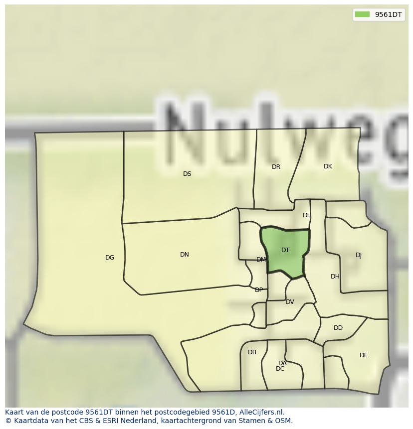 Afbeelding van het postcodegebied 9561 DT op de kaart.