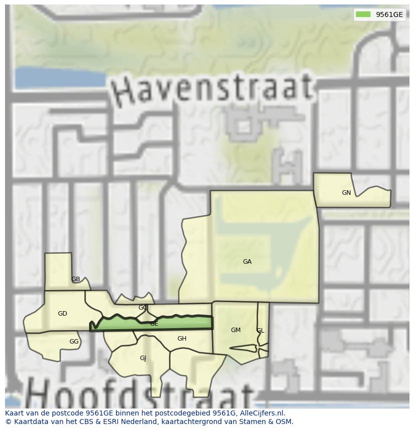 Afbeelding van het postcodegebied 9561 GE op de kaart.