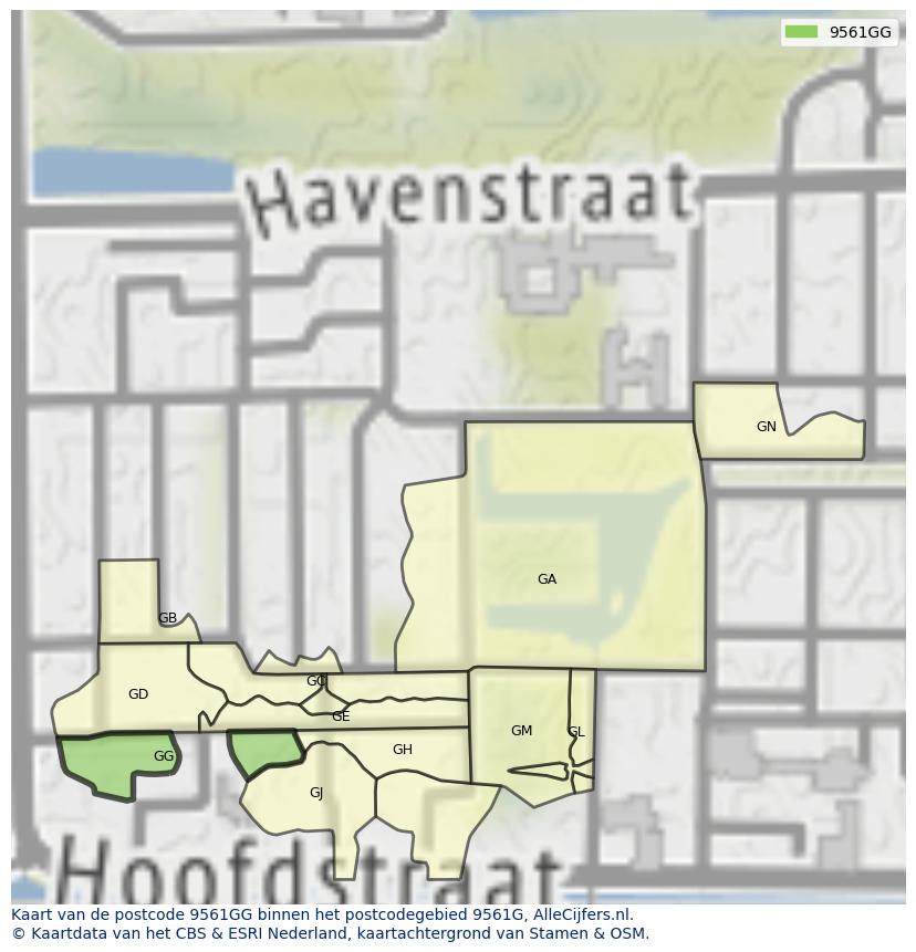 Afbeelding van het postcodegebied 9561 GG op de kaart.