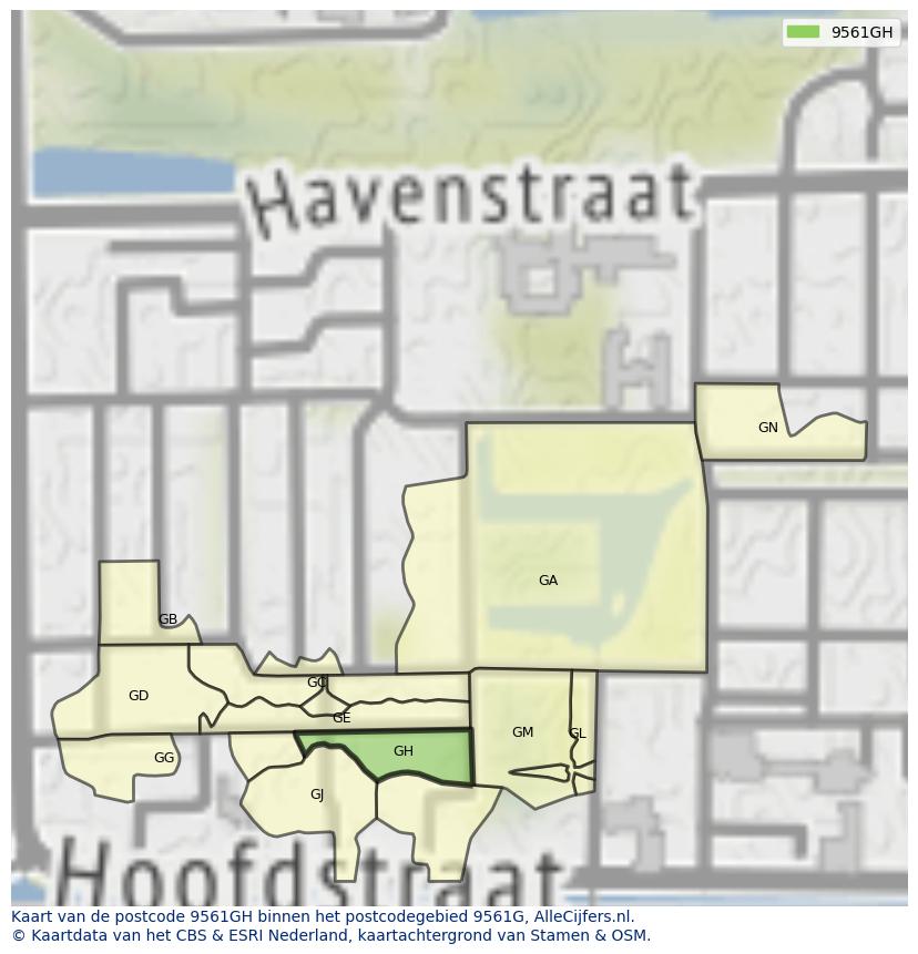 Afbeelding van het postcodegebied 9561 GH op de kaart.