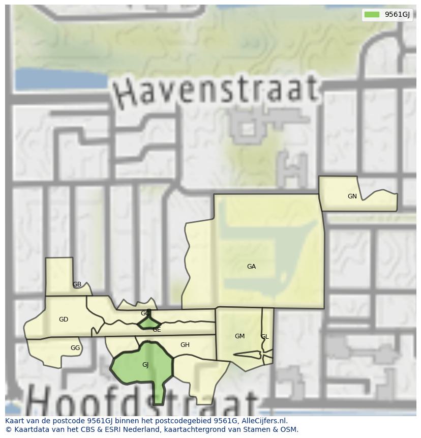 Afbeelding van het postcodegebied 9561 GJ op de kaart.