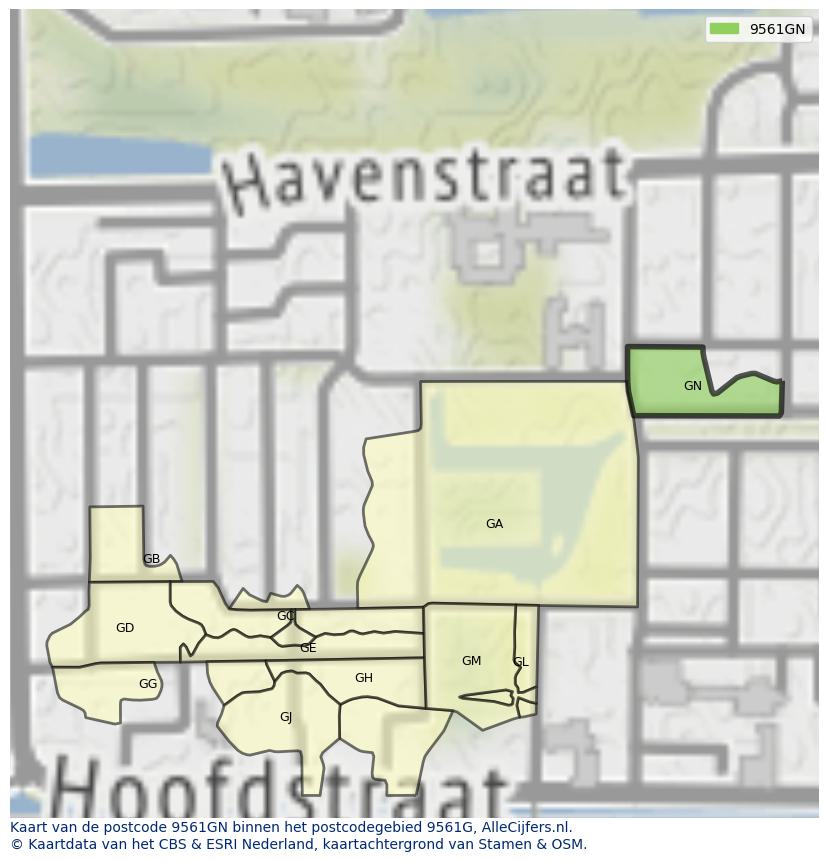 Afbeelding van het postcodegebied 9561 GN op de kaart.