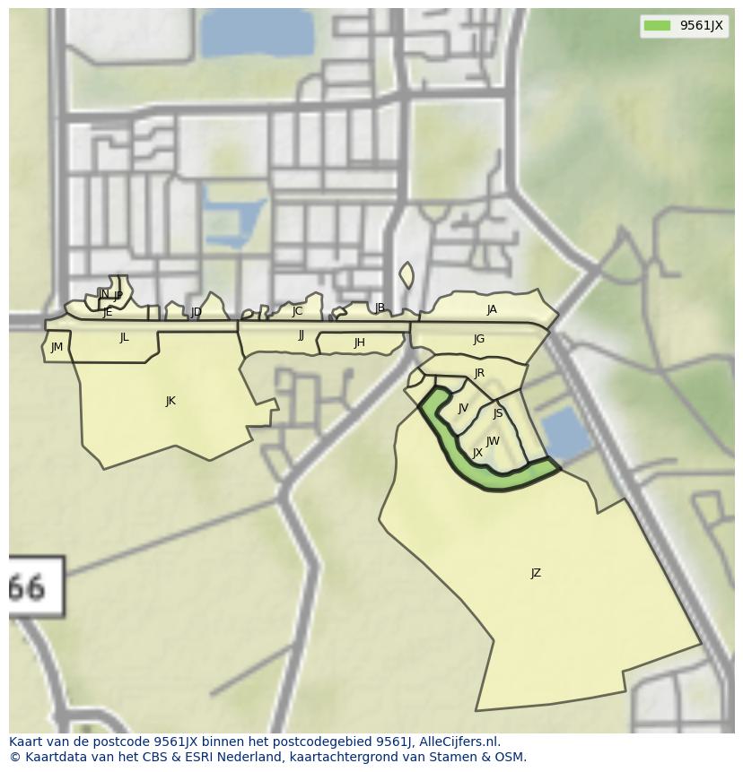 Afbeelding van het postcodegebied 9561 JX op de kaart.