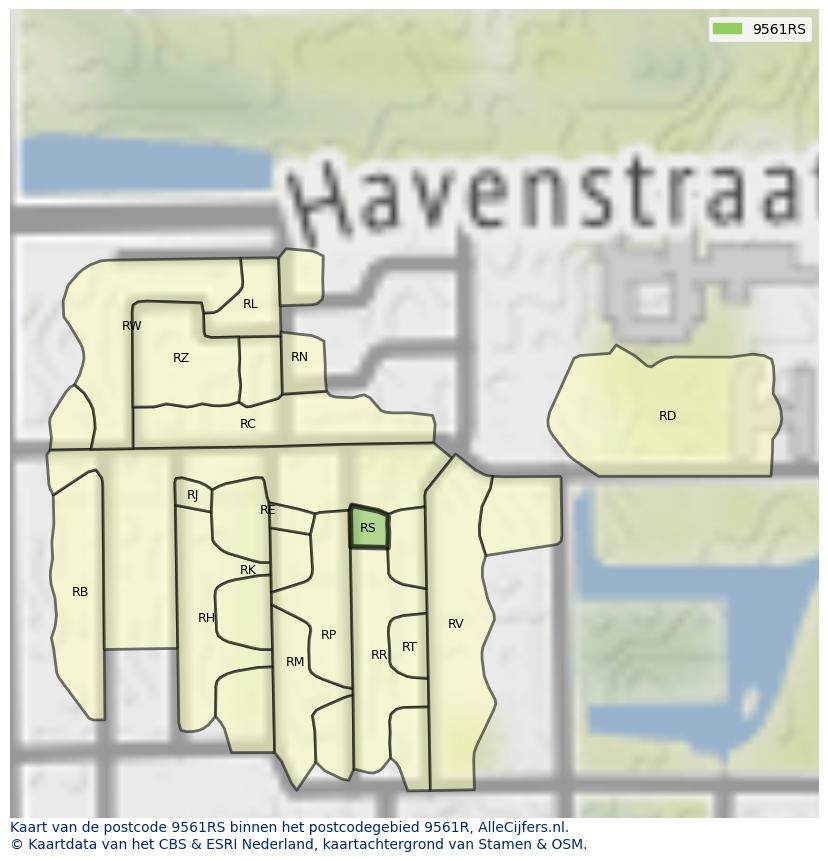 Afbeelding van het postcodegebied 9561 RS op de kaart.