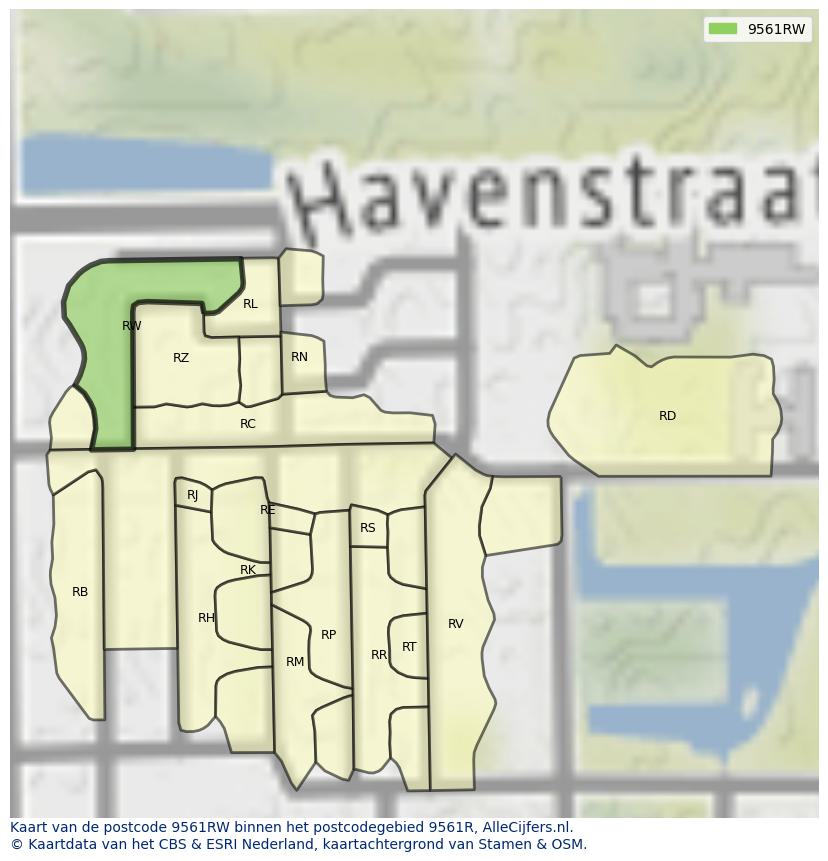 Afbeelding van het postcodegebied 9561 RW op de kaart.