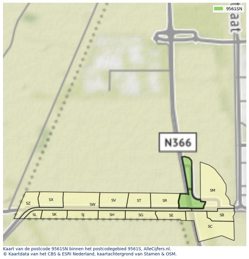 Afbeelding van het postcodegebied 9561 SN op de kaart.