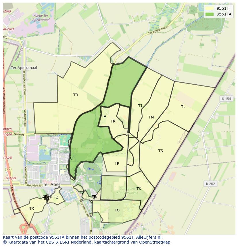 Afbeelding van het postcodegebied 9561 TA op de kaart.