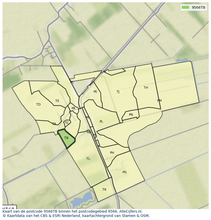 Afbeelding van het postcodegebied 9566 TB op de kaart.