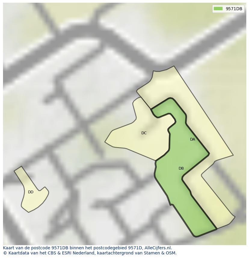 Afbeelding van het postcodegebied 9571 DB op de kaart.