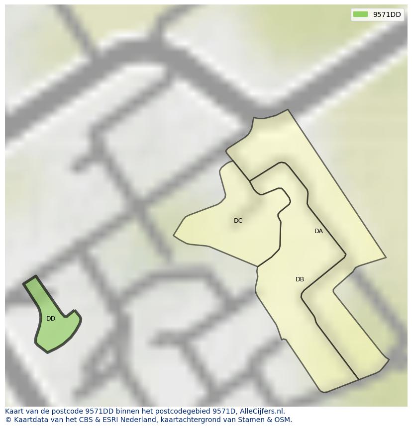Afbeelding van het postcodegebied 9571 DD op de kaart.