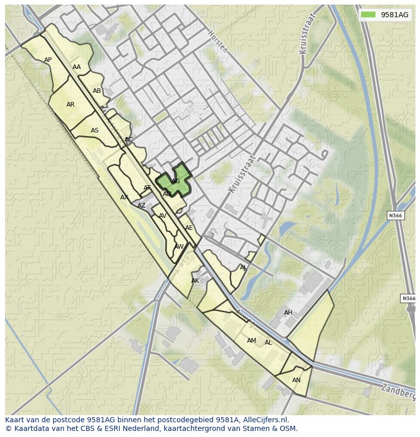 Afbeelding van het postcodegebied 9581 AG op de kaart.