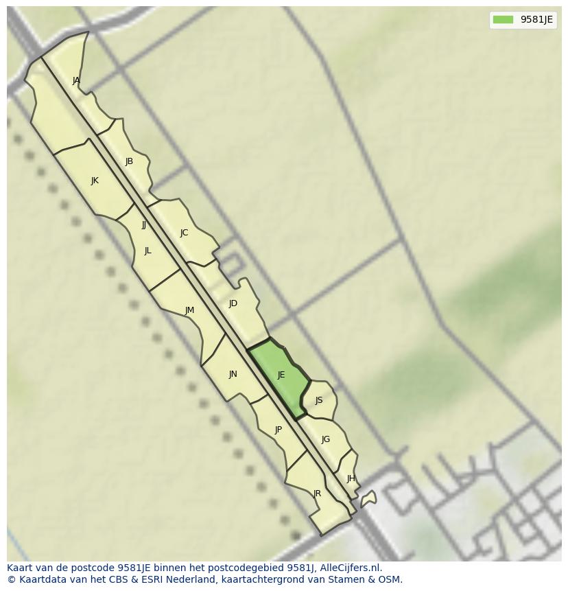Afbeelding van het postcodegebied 9581 JE op de kaart.