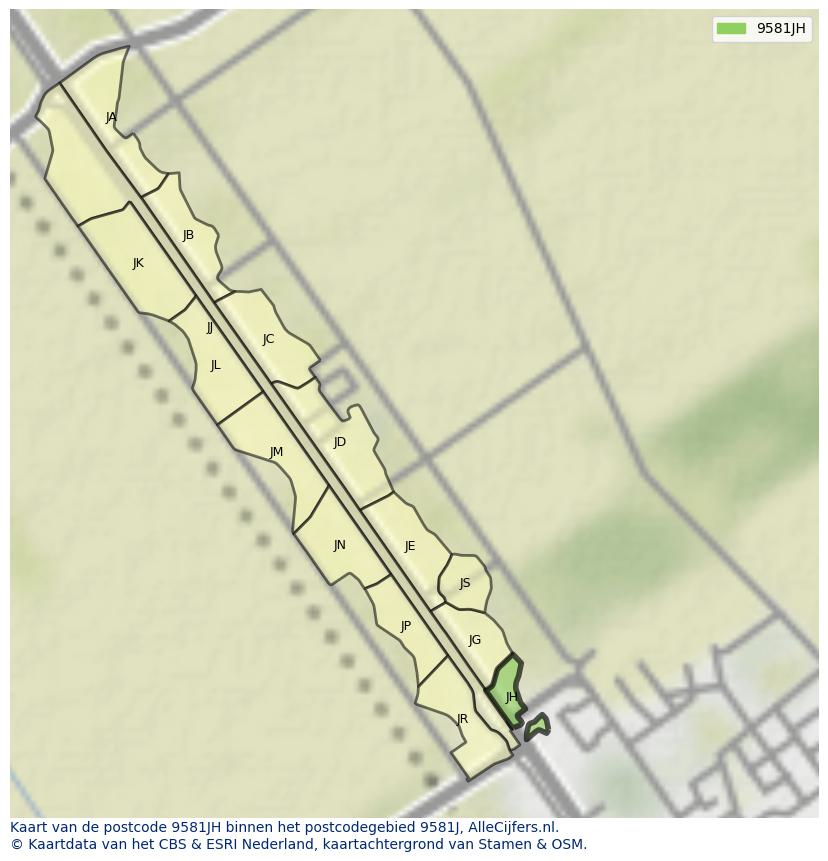Afbeelding van het postcodegebied 9581 JH op de kaart.