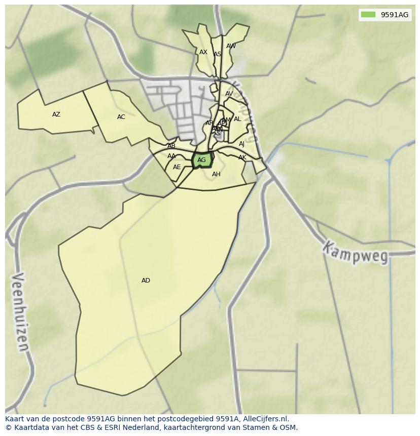 Afbeelding van het postcodegebied 9591 AG op de kaart.