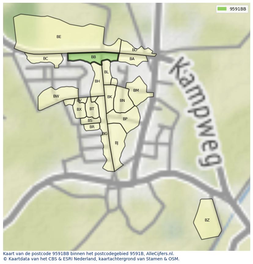 Afbeelding van het postcodegebied 9591 BB op de kaart.