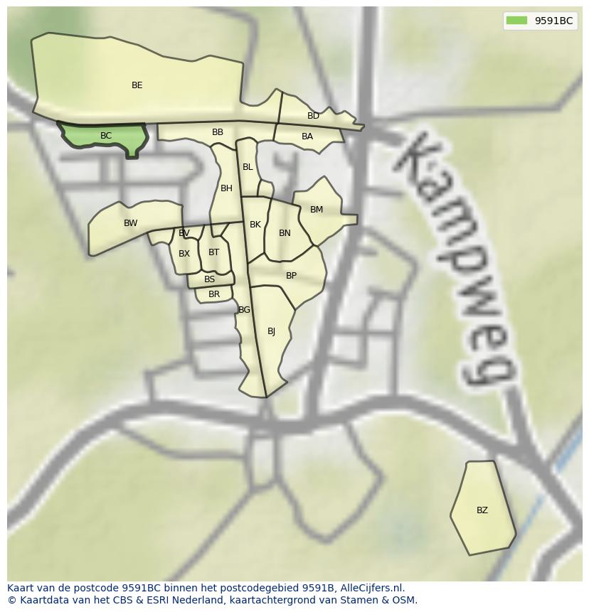 Afbeelding van het postcodegebied 9591 BC op de kaart.