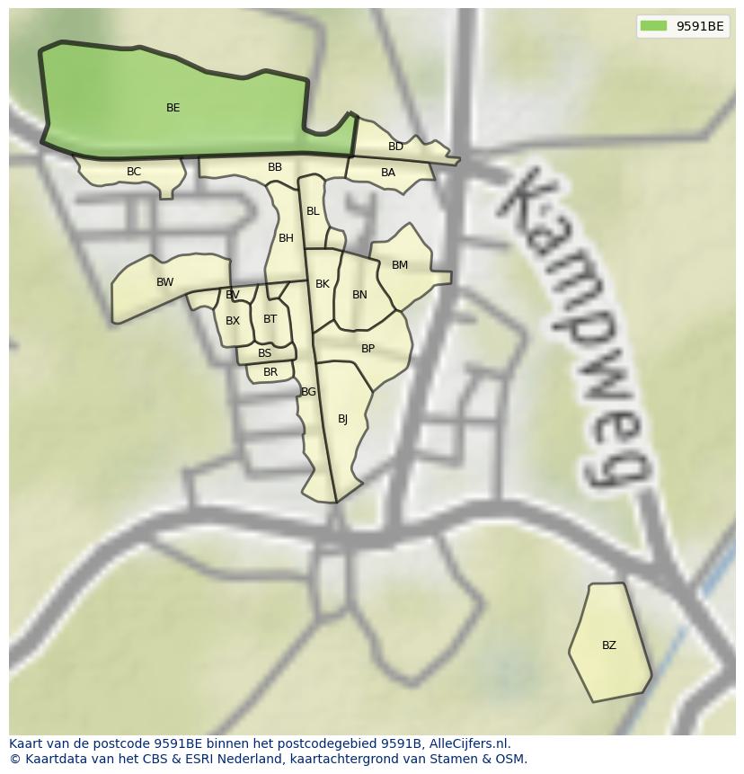 Afbeelding van het postcodegebied 9591 BE op de kaart.