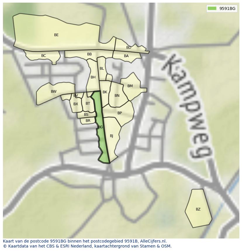 Afbeelding van het postcodegebied 9591 BG op de kaart.