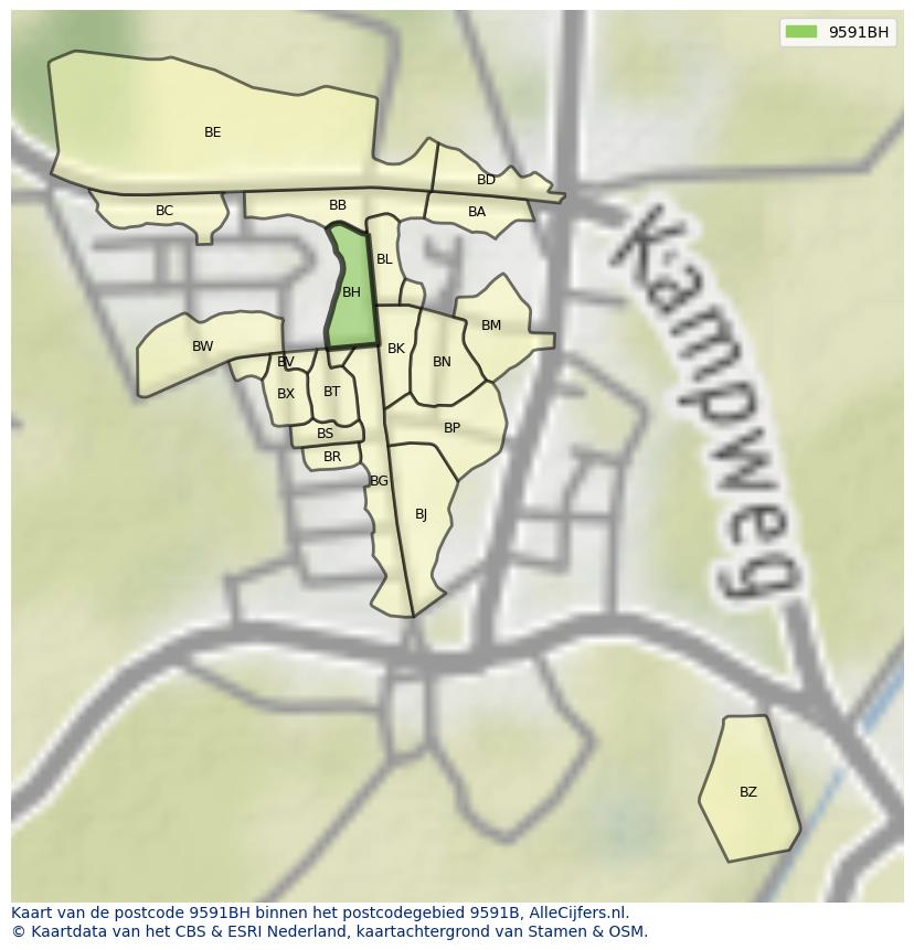 Afbeelding van het postcodegebied 9591 BH op de kaart.