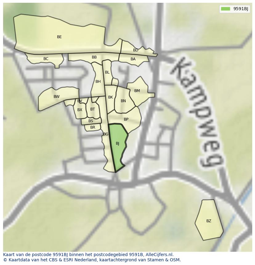 Afbeelding van het postcodegebied 9591 BJ op de kaart.
